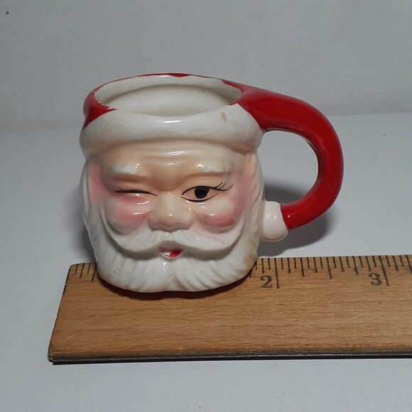 Vintage Mini Santa Christmas Mugs Winking and Non-Winking Ceramic Set 2 oz 2.5" - Picture 7 of 11
